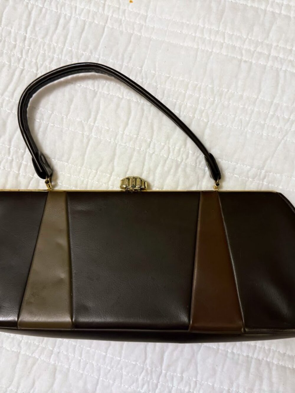 Vintage Brown Leather Two Tone Gold Hardware Clutch 70s Grandma